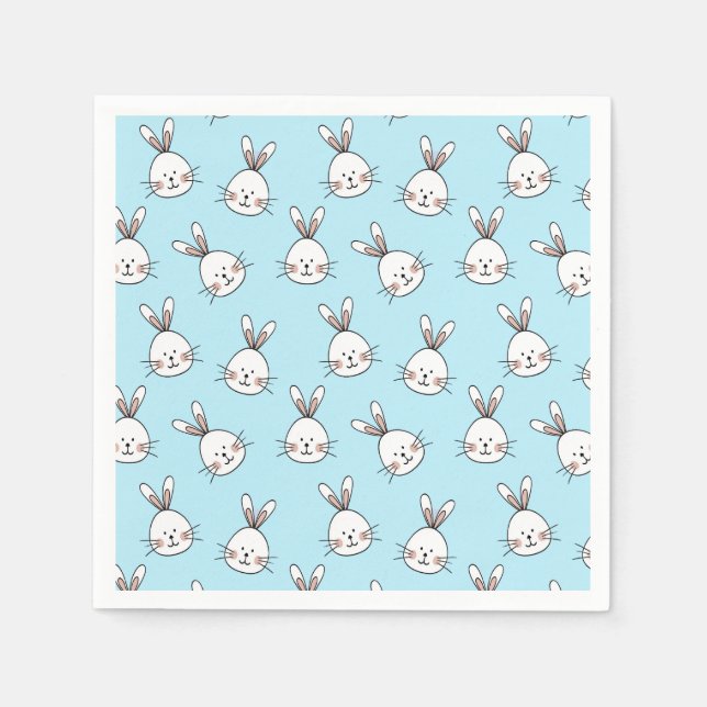 Cute Bunny Face Pattern on Light Blue Napkins (Front)
