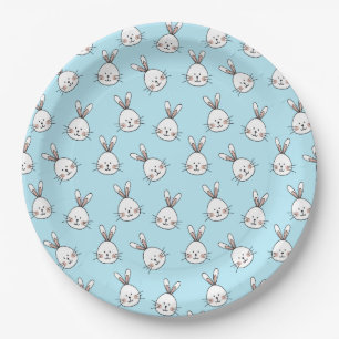 Cute Bunny Face Pattern on Light Blue Paper Plates