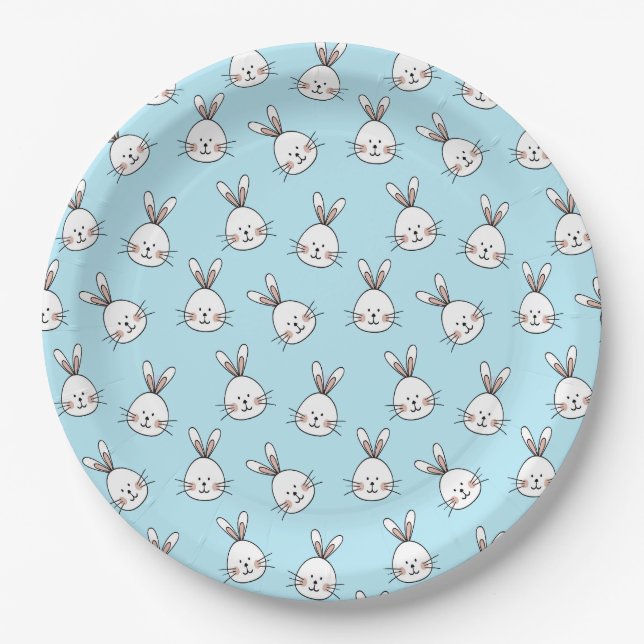 Cute Bunny Face Pattern on Light Blue Paper Plates (Front)
