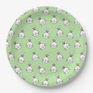 Cute Bunny Face Pattern on Light Green Paper Plates