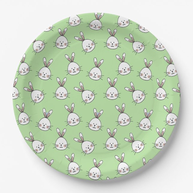Cute Bunny Face Pattern on Light Green Paper Plates (Front)