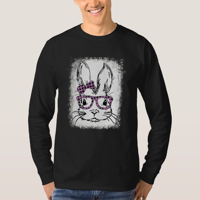 Cute Bunny Face Pink Buffalo Plaid Glasses Happy E T-Shirt (Front)