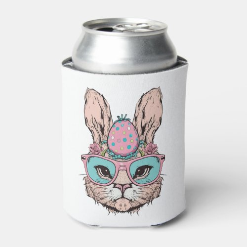 Cute Bunny Face Pink Glasses Floral Easter Egg Eas Can Cooler
