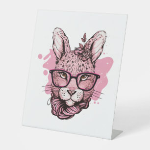 Cute Bunny Face Pink Glasses Floral Leopard Easter Pedestal Sign
