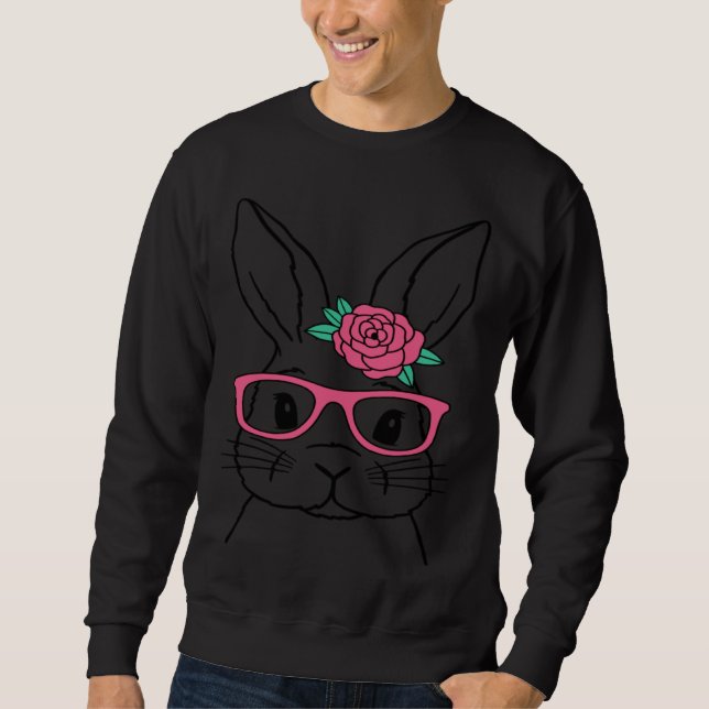 Cute Bunny Face Pink Glasses Flowers Easter Day 20 Sweatshirt (Front)