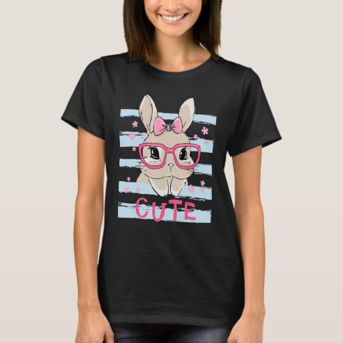 Cute Bunny Face Pink Heart Flowers Glasses Easter  T_Shirt