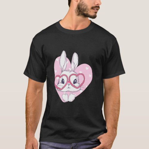 Cute Bunny Face Pink Heart Flowers Glasses Easter  T_Shirt