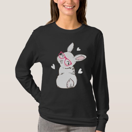 Cute Bunny Face Pink Heart Flowers Glasses Easter  T_Shirt