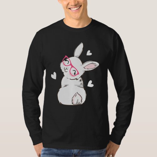 Cute Bunny Face Pink Heart Flowers Glasses Easter  T_Shirt