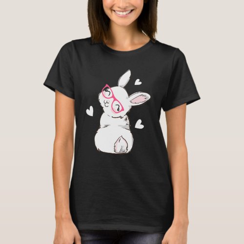 Cute Bunny Face Pink Heart Flowers Glasses Easter  T_Shirt