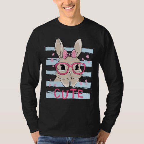 Cute Bunny Face Pink Heart Flowers Glasses Easter  T_Shirt