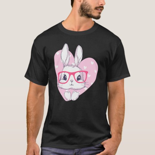 Cute Bunny Face Pink Heart Flowers Glasses Easter  T_Shirt