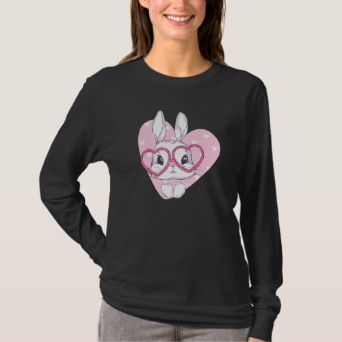 Cute Bunny Face Pink Heart Flowers Glasses Easter  T_Shirt