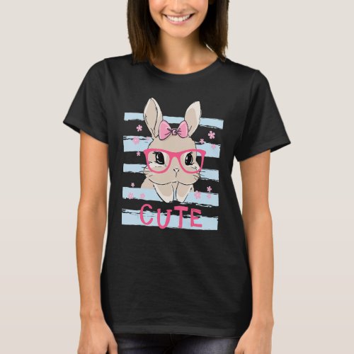 Cute Bunny Face Pink Heart Flowers Glasses Easter  T_Shirt