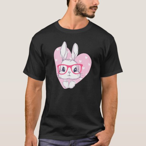 Cute Bunny Face Pink Heart Flowers Glasses Easter  T_Shirt