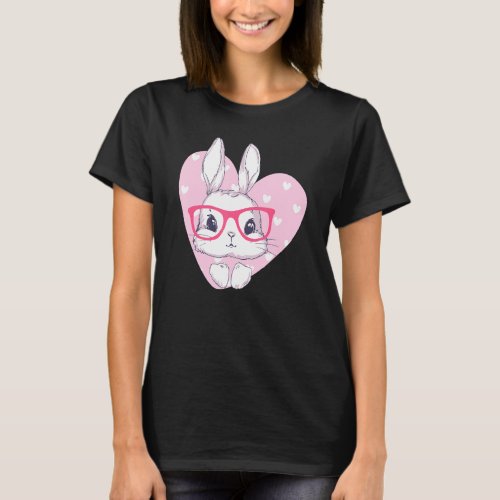 Cute Bunny Face Pink Heart Flowers Glasses Easter  T_Shirt