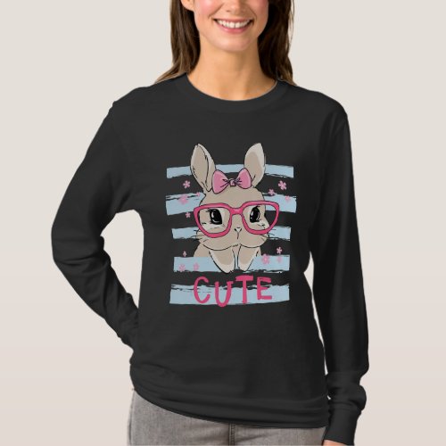 Cute Bunny Face Pink Heart Flowers Glasses Easter  T_Shirt