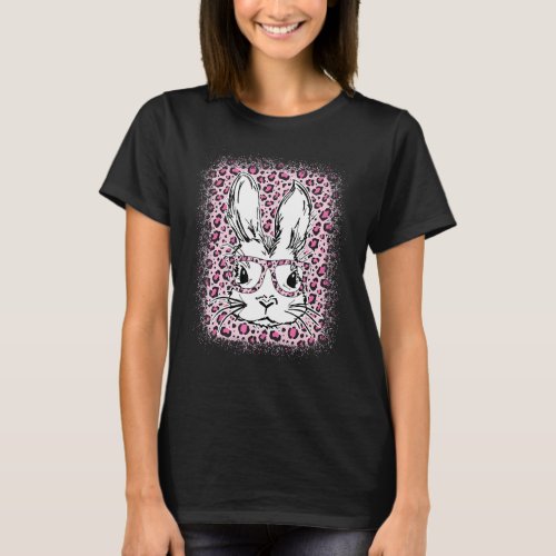 Cute Bunny Face Pink Leopard Bleached Happy Easter T_Shirt