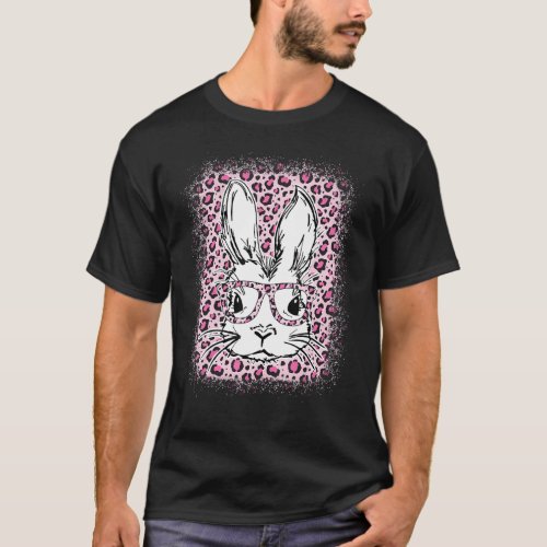 Cute Bunny Face Pink Leopard Bleached Happy Easter T_Shirt
