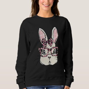 Cute Bunny Face Pink Leopard Glasses Bow Tie Easte Sweatshirt