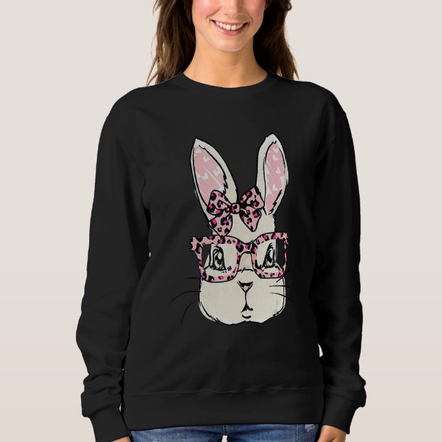 Cute Bunny Face Pink Leopard Glasses Bow Tie Easte Sweatshirt (Front)