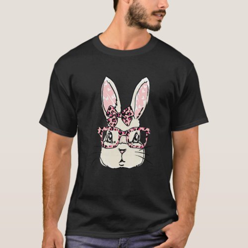 Cute Bunny Face Pink Leopard Glasses Bow Tie Easte T_Shirt