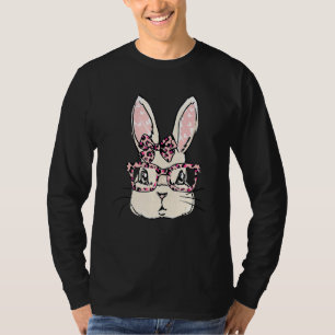 Cute Bunny Face Pink Leopard Glasses Bow Tie Easte T-Shirt