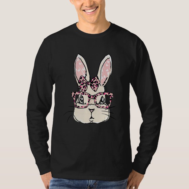 Cute Bunny Face Pink Leopard Glasses Bow Tie Easte T-Shirt (Front)