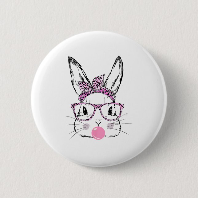 Cute Bunny Face Pink Leopard Glasses Bubblegum Eas Button (Front)