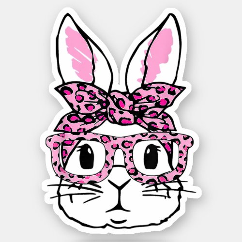 Cute Bunny Face Pink Leopard Glasses Happy Easter  Sticker