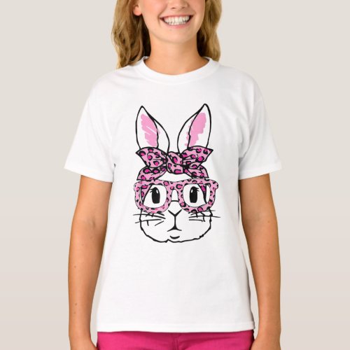 Cute Bunny Face Pink Leopard Glasses Happy Easter  T_Shirt