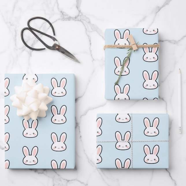 Cute Bunny Face Rabbit Pattern Wrapping Paper Sheets (Front)