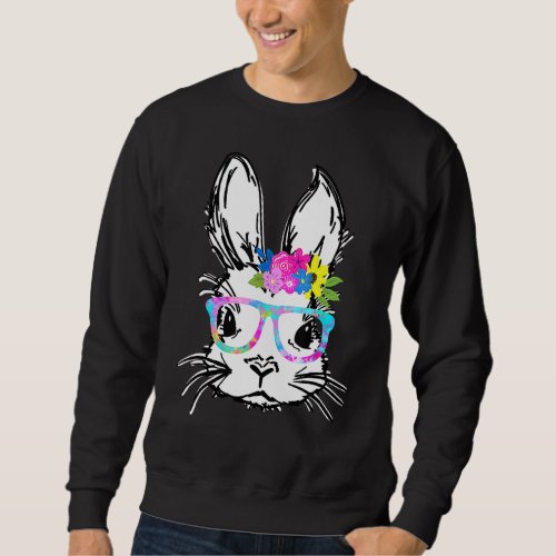 Cute Bunny Face Rainbow Glasses Flowers Easter Sweatshirt