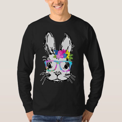 Cute Bunny Face Rainbow Glasses Flowers Easter T_Shirt