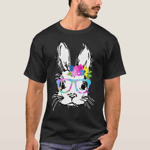 Cute Bunny Face Rainbow Glasses Flowers Easter T_Shirt