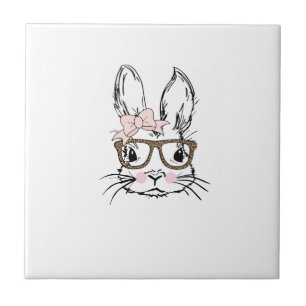 Cute Bunny Face Shirt Leopard Print Glasses EASTER Ceramic Tile