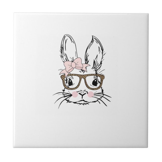 Cute Bunny Face Shirt Leopard Print Glasses EASTER Ceramic Tile (Front)