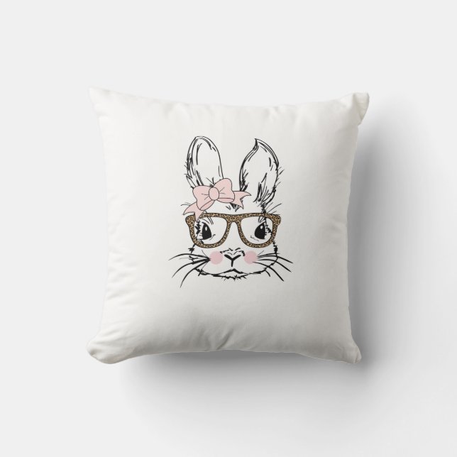 Cute Bunny Face Shirt Leopard Print Glasses EASTER Throw Pillow (Front)