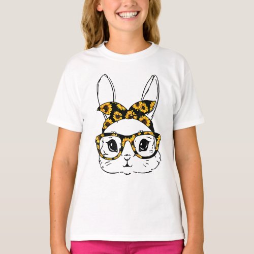 Cute Bunny Face Tie Dye Sunflower Glasses Headband T_Shirt