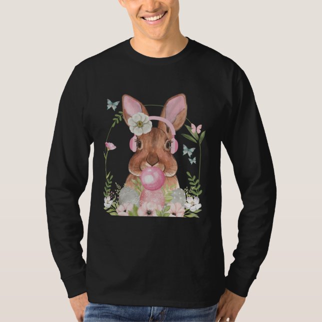 Cute Bunny Face With Bubblegum And Headphones East T-Shirt (Front)