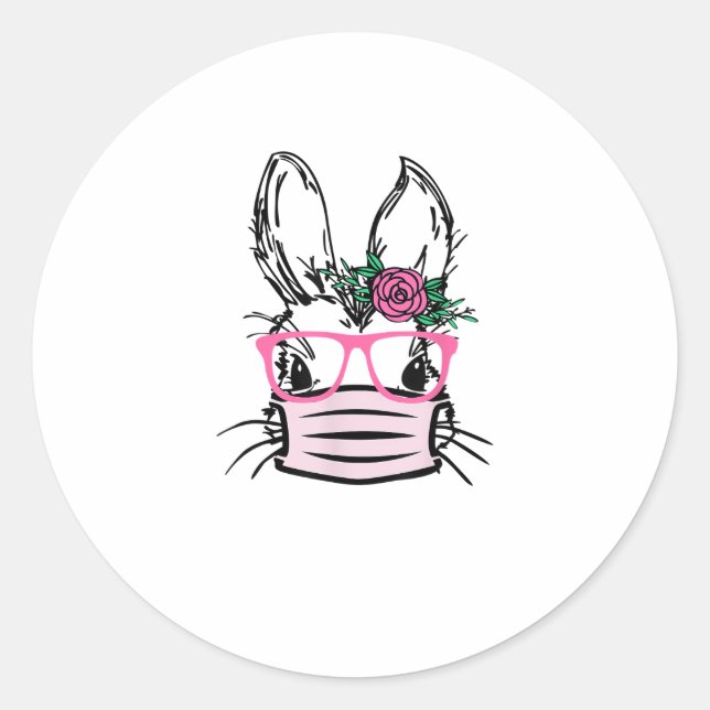 Cute Bunny Face With Face Mask Glasses Rabbit EAST Classic Round Sticker (Front)