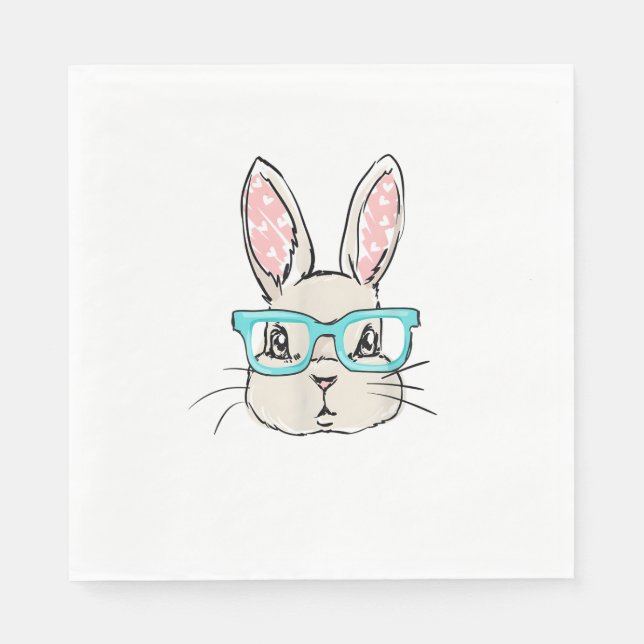 Cute Bunny Face With Pink Glasses, Easter Rabbit F Napkins (Front)