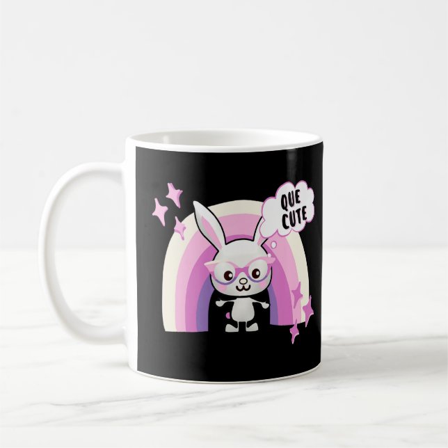 Cute Bunny Face With Rainbow Glasses Speaks Spanis Coffee Mug (Left)