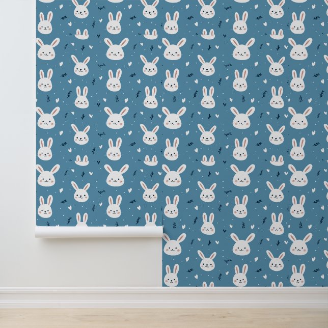 Cute Bunny Faces on Blue Pattern Wallpaper (Application)