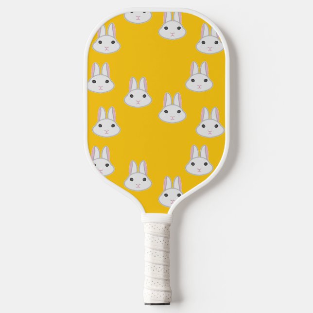 Cute bunny faces on orange pickleball paddle (Front)