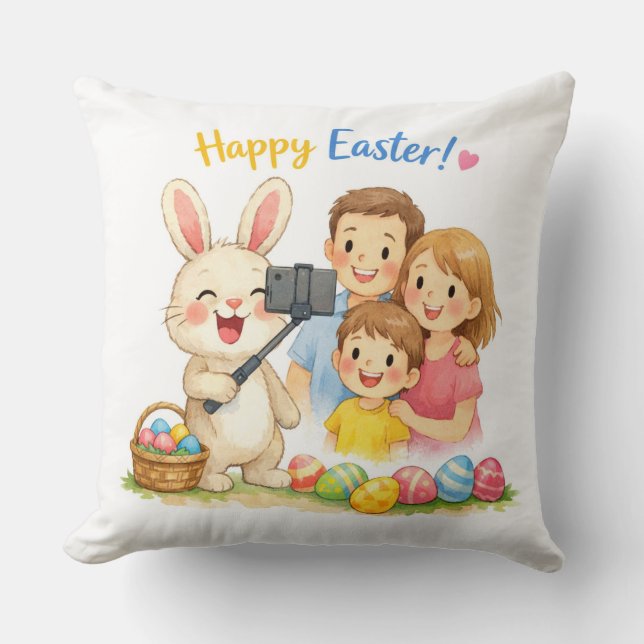 Cute Bunny Family Selfie Easter Cushion (Front)