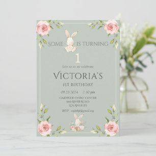 Cute Bunny First 1st Birthday Green Party Invitation