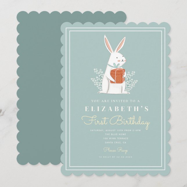 Cute Bunny First Birthday 1st Birthday Turning One Invitation (Front/Back)