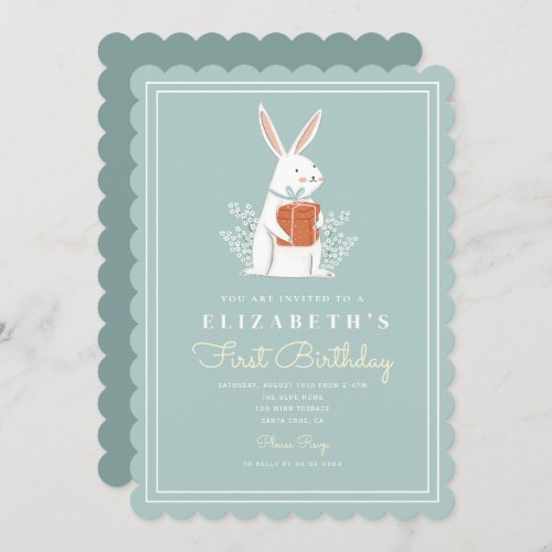 Cute Bunny First Birthday 1st Birthday Turning One Invitation