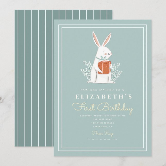 Cute Bunny First Birthday 1st Birthday Turning One Invitation (Front/Back)